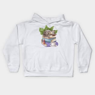 Cute Cat Napping on Books with Tea Kids Hoodie